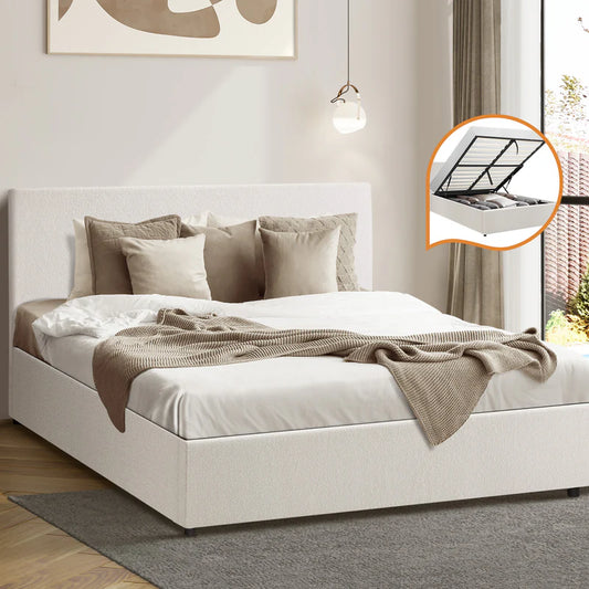 BF-B-UNO-Q-WH-ABC Oikiture QUEEN Boucle Bed Frame Base with Gas Lift Storage white