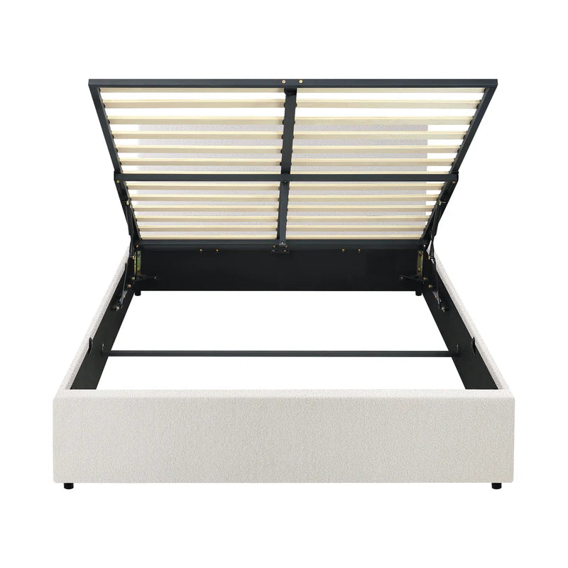 BF-B-UNO-Q-WH-ABC Oikiture QUEEN Boucle Bed Frame Base with Gas Lift Storage white