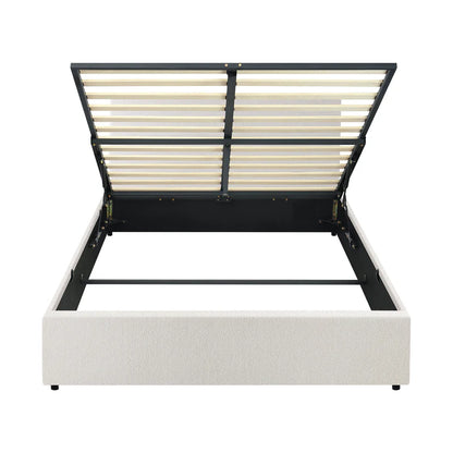 BF-B-UNO-Q-WH-ABC Oikiture QUEEN Boucle Bed Frame Base with Gas Lift Storage white