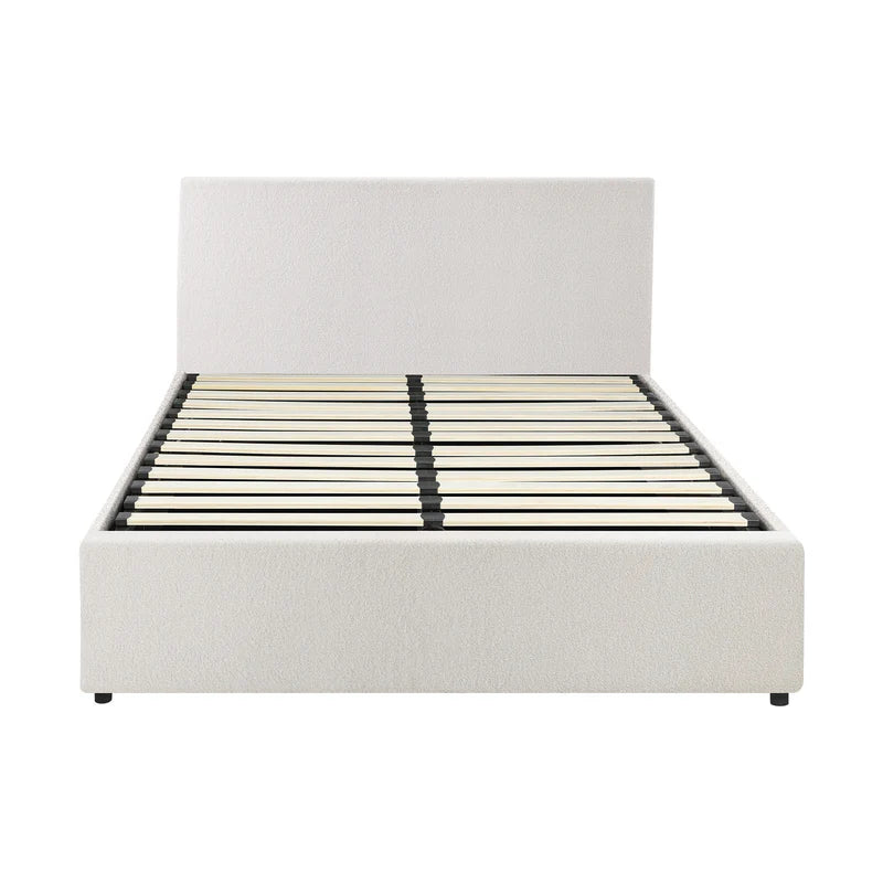 BF-B-UNO-Q-WH-ABC Oikiture QUEEN Boucle Bed Frame Base with Gas Lift Storage white
