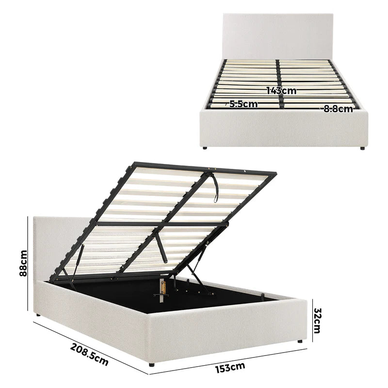 BF-B-UNO-Q-WH-ABC Oikiture QUEEN Boucle Bed Frame Base with Gas Lift Storage white
