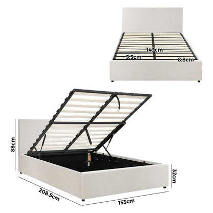 BF-B-UNO-Q-WH-ABC Oikiture QUEEN Boucle Bed Frame Base with Gas Lift Storage white