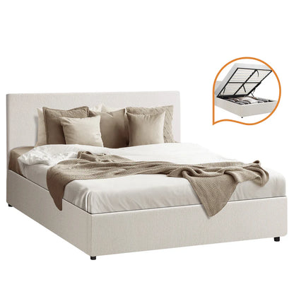 BF-B-UNO-Q-WH-ABC Oikiture QUEEN Boucle Bed Frame Base with Gas Lift Storage white