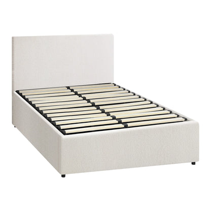 BF-B-UNO-S-WH-ABC Oikiture Single Bed Frame Gas Lift Storage Base White Boucle