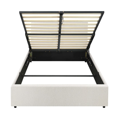 BF-B-UNO-S-WH-ABC Oikiture Single Bed Frame Gas Lift Storage Base White Boucle