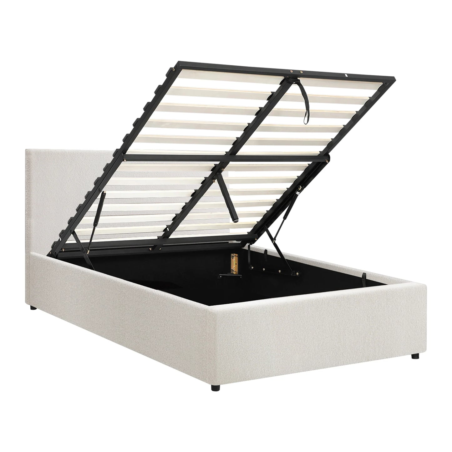 BF-B-UNO-S-WH-ABC Oikiture Single Bed Frame Gas Lift Storage Base White Boucle