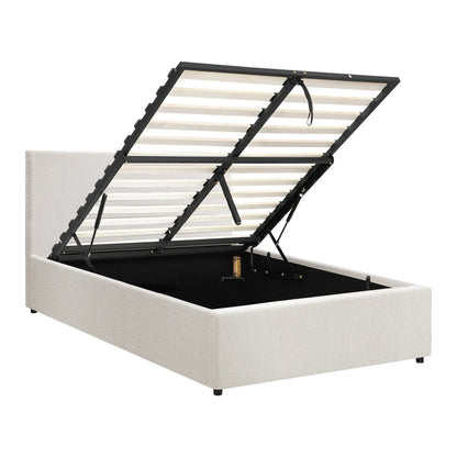 BF-B-UNO-S-WH-ABC Oikiture Single Bed Frame Gas Lift Storage Base White Boucle