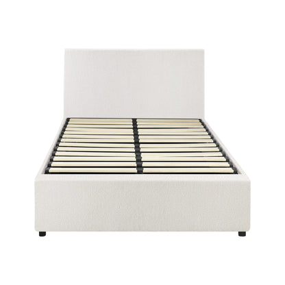 BF-B-UNO-S-WH-ABC Oikiture Single Bed Frame Gas Lift Storage Base White Boucle