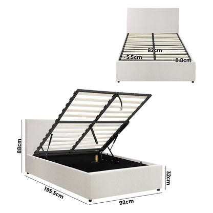 BF-B-UNO-S-WH-ABC Oikiture Single Bed Frame Gas Lift Storage Base White Boucle