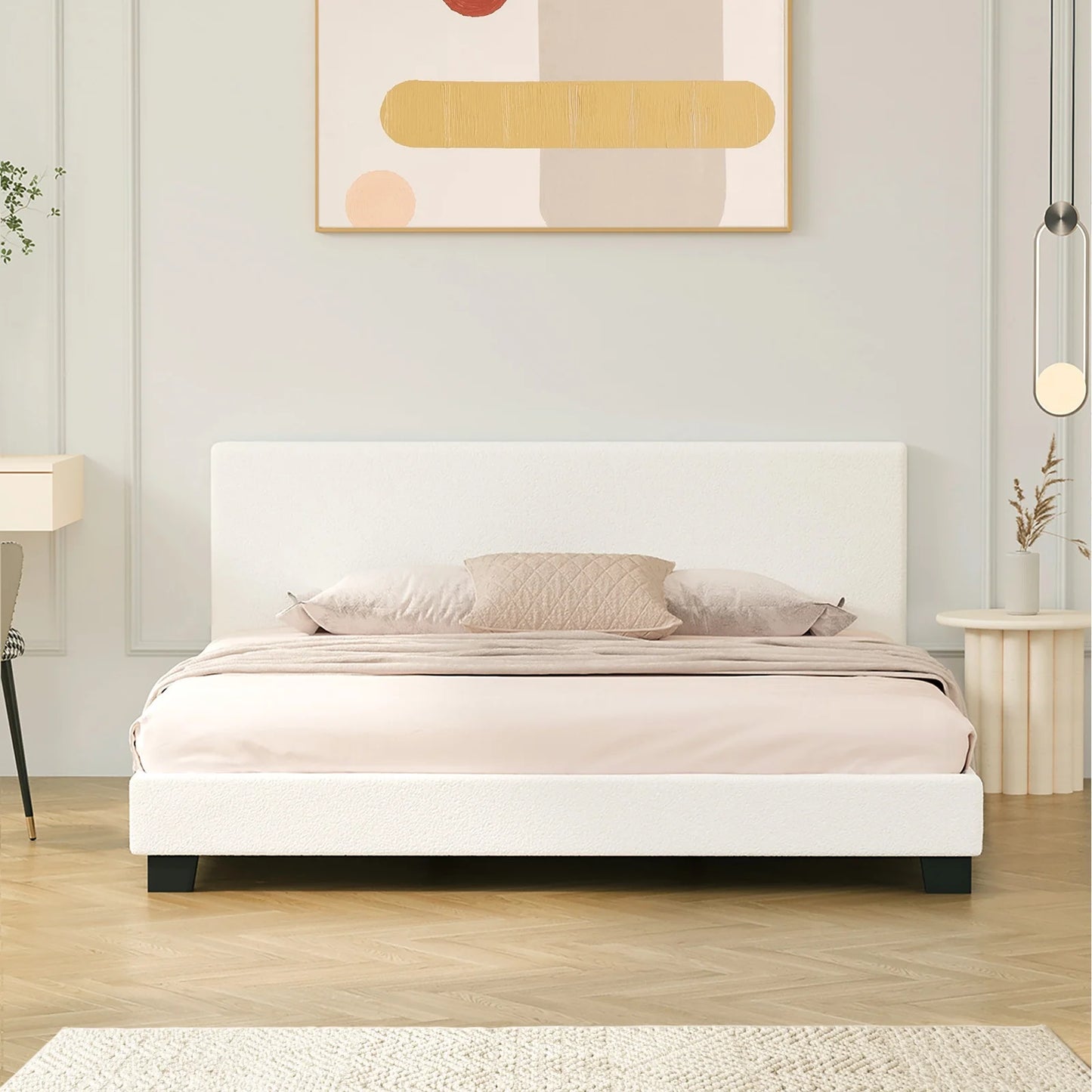BF-B-VANK-K-SP-WH-AB Oikiture Bed Frame King Size Mattress Base Boucle Fabric Platform Wooden Slats