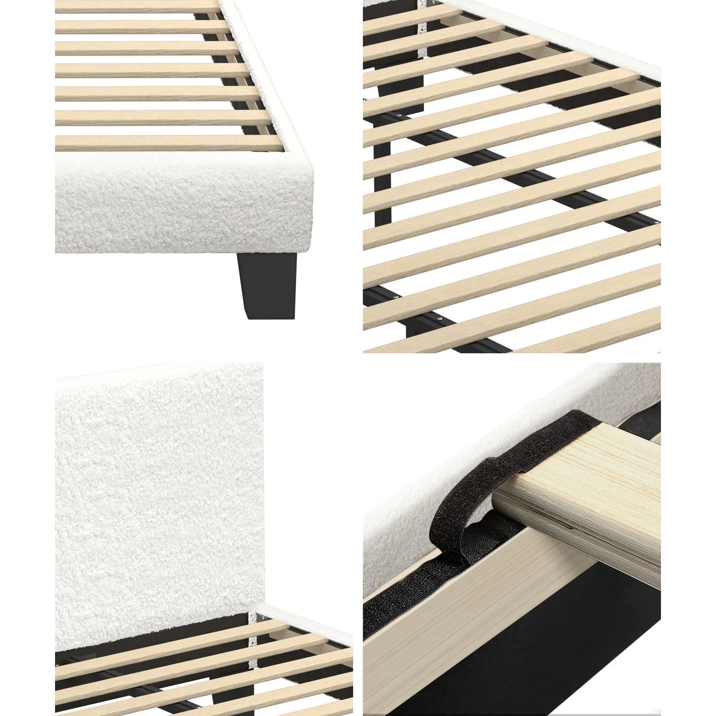 BF-B-VANK-K-SP-WH-AB Oikiture Bed Frame King Size Mattress Base Boucle Fabric Platform Wooden Slats