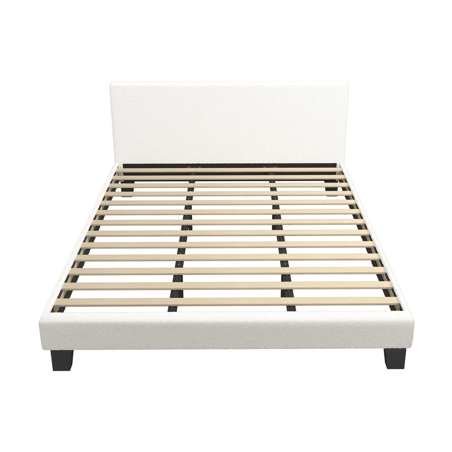 BF-B-VANK-K-SP-WH-AB Oikiture Bed Frame King Size Mattress Base Boucle Fabric Platform Wooden Slats