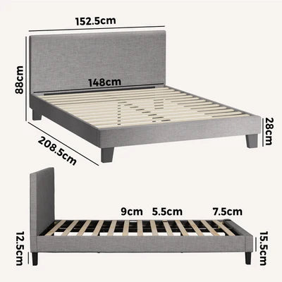BF-B-VANK-Q-GY-AB Oikiture Bed Frame Queen Size Mattress Base Platform Wooden Slats Grey Fabric