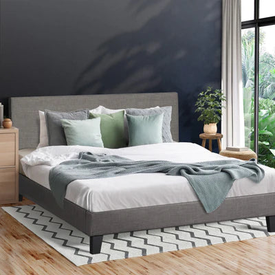 BF-B-VANK-Q-GY-AB Oikiture Bed Frame Queen Size Mattress Base Platform Wooden Slats Grey Fabric