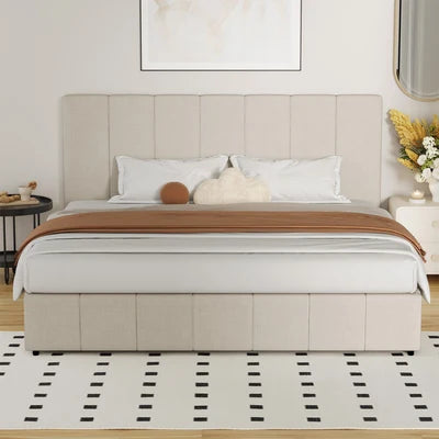 BF-B-VISH-K-BG-ABC Oikiture Bed Frame King Size Gas Lift Base With Storage Beige Fabric VISH