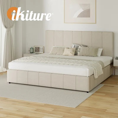 BF-B-VISH-K-BG-ABC Oikiture Bed Frame King Size Gas Lift Base With Storage Beige Fabric VISH