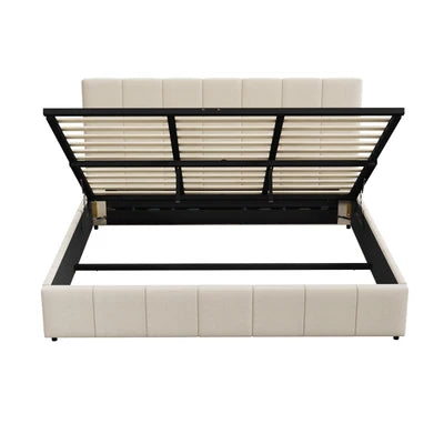 BF-B-VISH-K-BG-ABC Oikiture Bed Frame King Size Gas Lift Base With Storage Beige Fabric VISH
