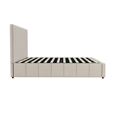 BF-B-VISH-K-BG-ABC Oikiture Bed Frame King Size Gas Lift Base With Storage Beige Fabric VISH