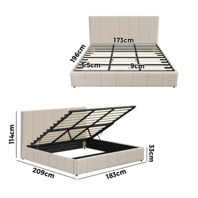 BF-B-VISH-K-BG-ABC Oikiture Bed Frame King Size Gas Lift Base With Storage Beige Fabric VISH