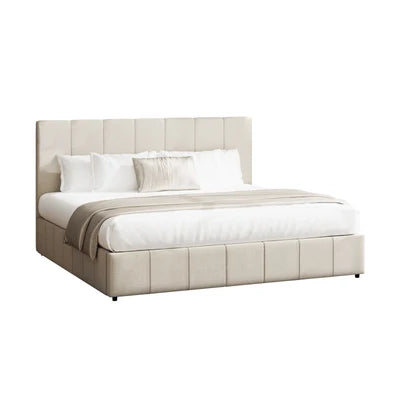 BF-B-VISH-K-BG-ABC Oikiture Bed Frame King Size Gas Lift Base With Storage Beige Fabric VISH