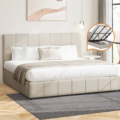 BF-B-VISH-K-BG-ABC Oikiture Bed Frame King Size Gas Lift Base With Storage Beige Fabric VISH