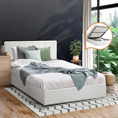 BF-B-ZOE-S-PU-WH-ABC Oikiture Bed Frame Single Size Gas Lift Beds Base Storage PU Leather ZOE