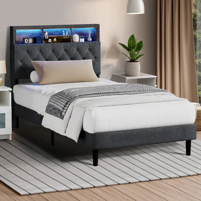 BF-C-NOVI-KS-GY-AB Oikiture Bed Frame with LED Storage Bedhead King Single Size NOVI