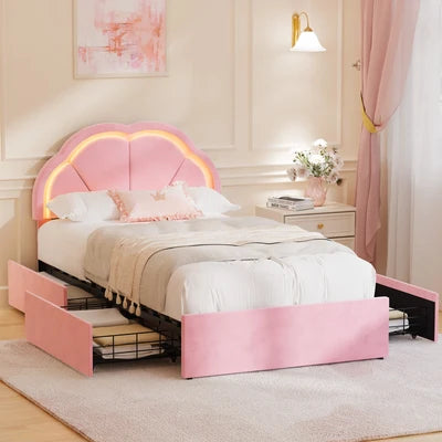 BF-C-SHELL-KS-PK Oikiture King Single Size Bed Frame LED Shell Headboard with Drawers Velvet Pink