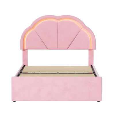 BF-C-SHELL-KS-PK Oikiture King Single Size Bed Frame LED Shell Headboard with Drawers Velvet Pink