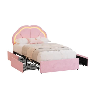 BF-C-SHELL-KS-PK Oikiture King Single Size Bed Frame LED Shell Headboard with Drawers Velvet Pink