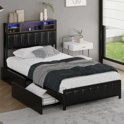 BF-C-WIKI-2D-KS-BK-AB Oikiture Bed Frame King Single Size LED Storage Bedhead 2 Drawers USB Charge