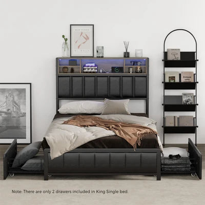 BF-C-WIKI-2D-KS-BK-AB Oikiture Bed Frame King Single Size LED Storage Bedhead 2 Drawers USB Charge
