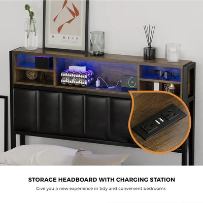 BF-C-WIKI-2D-KS-BK-AB Oikiture Bed Frame King Single Size LED Storage Bedhead 2 Drawers USB Charge