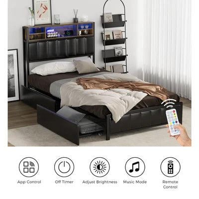 BF-C-WIKI-2D-KS-BK-AB Oikiture Bed Frame King Single Size LED Storage Bedhead 2 Drawers USB Charge