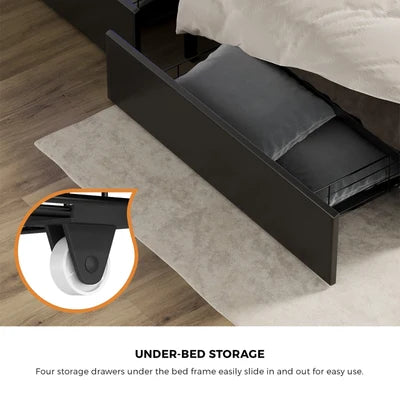 BF-C-WIKI-2D-KS-BK-AB Oikiture Bed Frame King Single Size LED Storage Bedhead 2 Drawers USB Charge