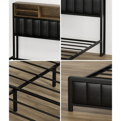BF-C-WIKI-2D-KS-BK-AB Oikiture Bed Frame King Single Size LED Storage Bedhead 2 Drawers USB Charge
