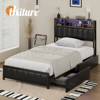 BF-C-WIKI-2D-KS-BK-AB Oikiture Bed Frame King Single Size LED Storage Bedhead 2 Drawers USB Charge