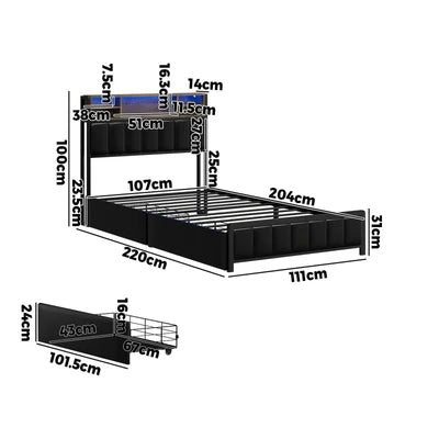 BF-C-WIKI-2D-KS-BK-AB Oikiture Bed Frame King Single Size LED Storage Bedhead 2 Drawers USB Charge