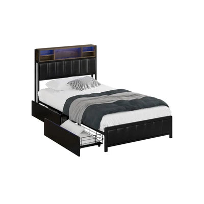 BF-C-WIKI-2D-KS-BK-AB Oikiture Bed Frame King Single Size LED Storage Bedhead 2 Drawers USB Charge