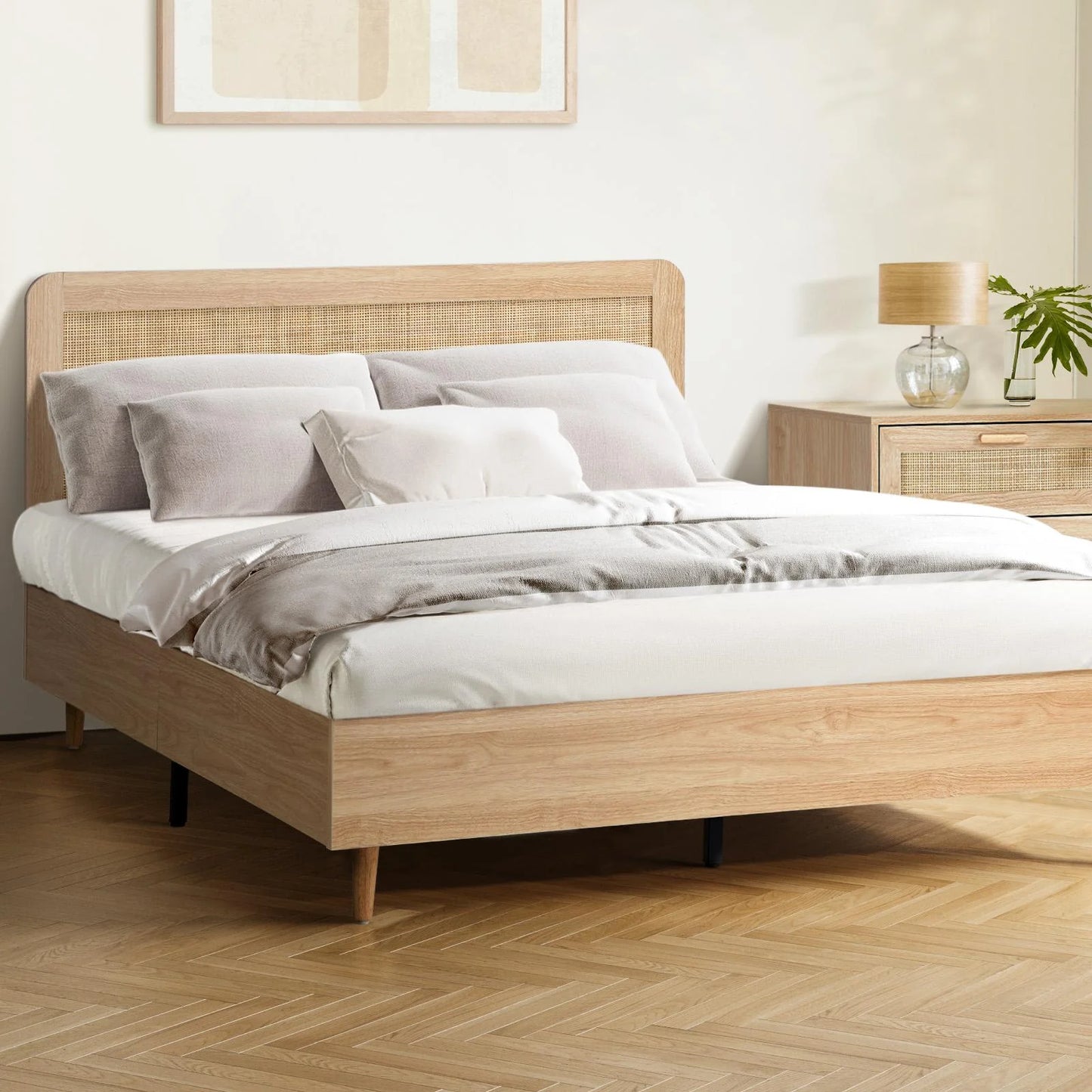 BF-LUNA-D-WD-AB Bed Frame Double Size Wooden Bed Frame Rattan Headboard