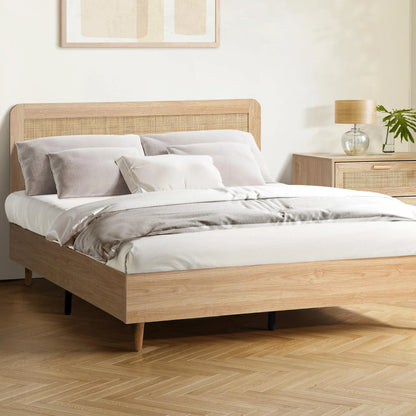 BF-LUNA-D-WD-AB Bed Frame Double Size Wooden Bed Frame Rattan Headboard