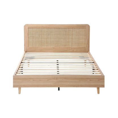 BF-LUNA-D-WD-AB Bed Frame Double Size Wooden Bed Frame Rattan Headboard