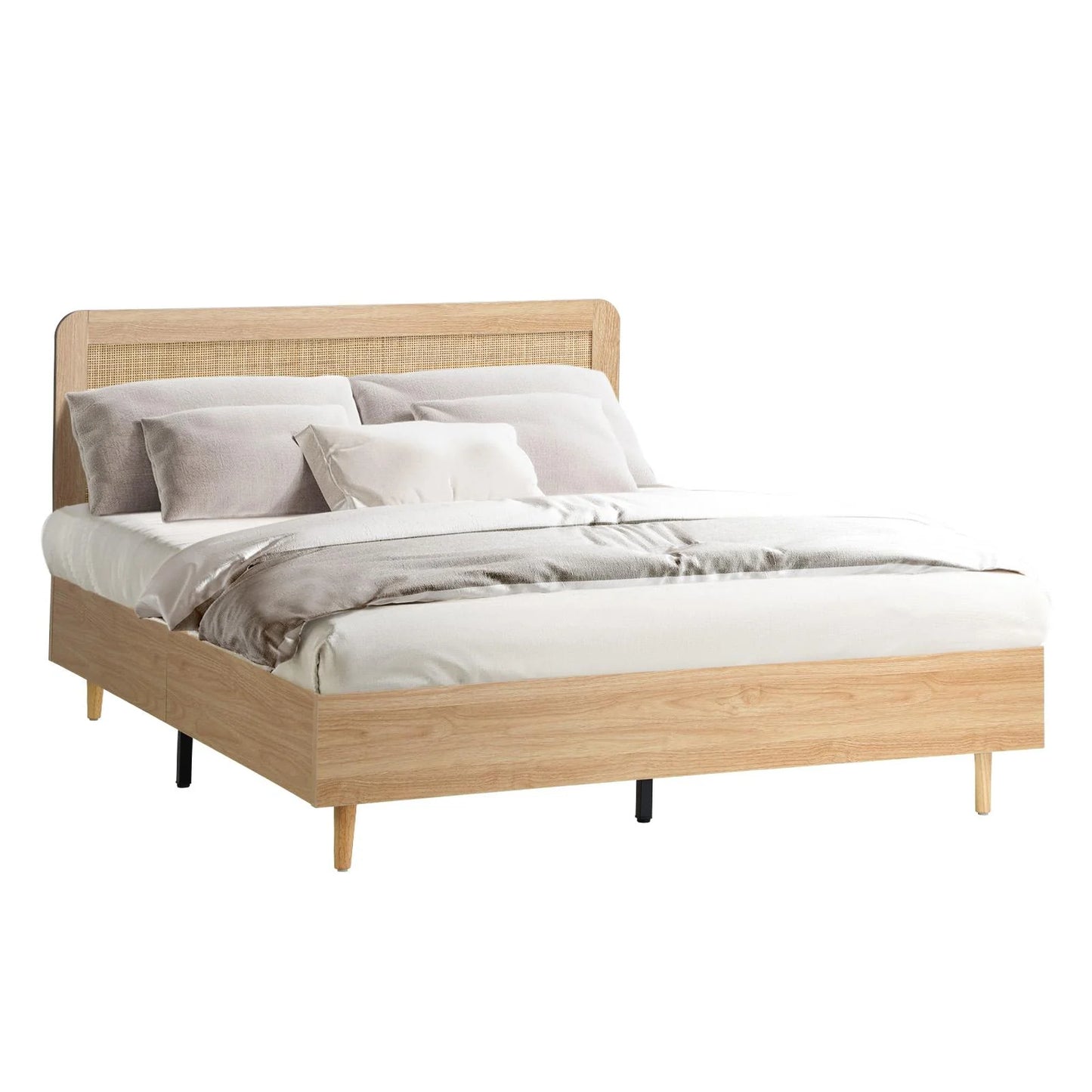 BF-LUNA-D-WD-AB Bed Frame Double Size Wooden Bed Frame Rattan Headboard