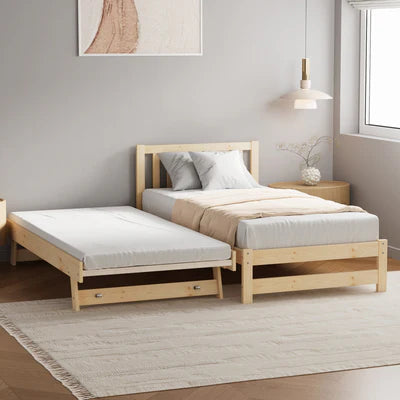 BF-W-A11-T2N-WD-AB Oikiture Trundle Kids Bed Frame Single Wooden Timber Hidden Dual Beds Natural