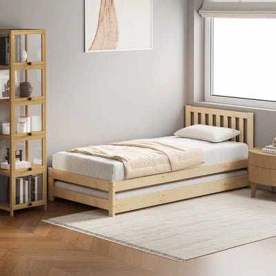 BF-W-A11-T2-WD-AB Oikiture Trundle Kids Bed Frame Single Wooden Timber Hidden Dual Beds Natural