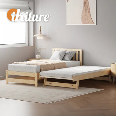 BF-W-A11-T2-WD-AB Oikiture Trundle Kids Bed Frame Single Wooden Timber Hidden Dual Beds Natural