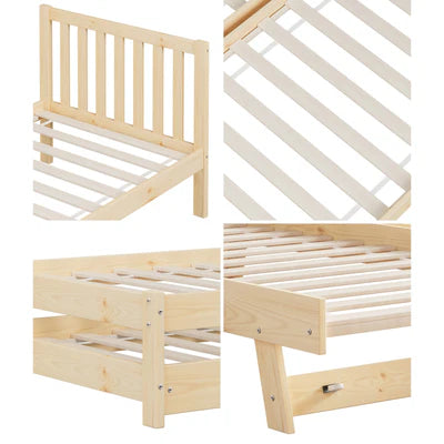 BF-W-A11-T2-WD-AB Oikiture Trundle Kids Bed Frame Single Wooden Timber Hidden Dual Beds Natural