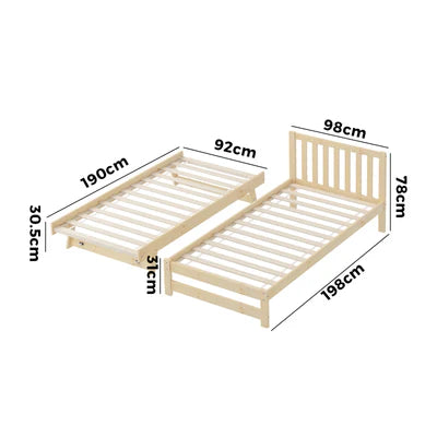 BF-W-A11-T2-WD-AB Oikiture Trundle Kids Bed Frame Single Wooden Timber Hidden Dual Beds Natural