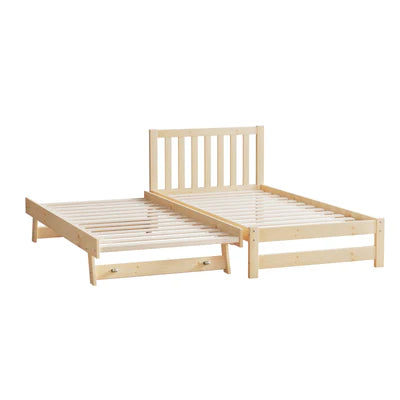 BF-W-A11-T2-WD-AB Oikiture Trundle Kids Bed Frame Single Wooden Timber Hidden Dual Beds Natural