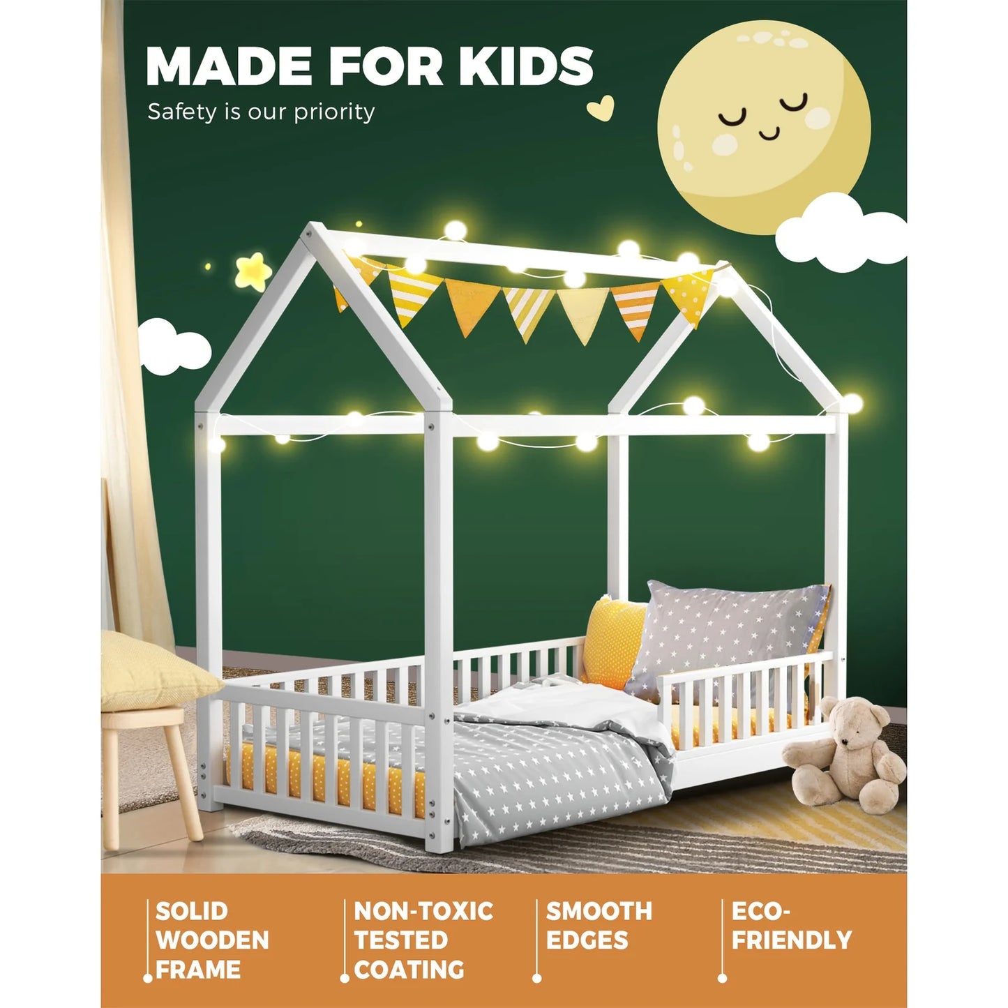 BF-W-A2-D-WH-AB Oikiture Kids Wooden Bed Frame House Beds Platform Double White Timber Pine